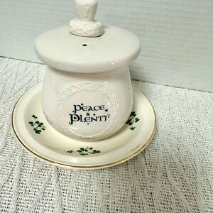 Vintage Peace & Plenty St Patrick’s Day condiment jar w/knife spreader & Saucer